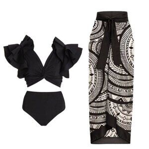 NWT. 3 Piece Ruffled High-Waist Bikini Set with Cover Up